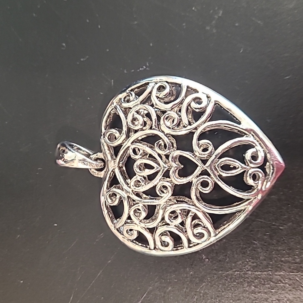 Silver tone Filigree Heart Pendant. 2"